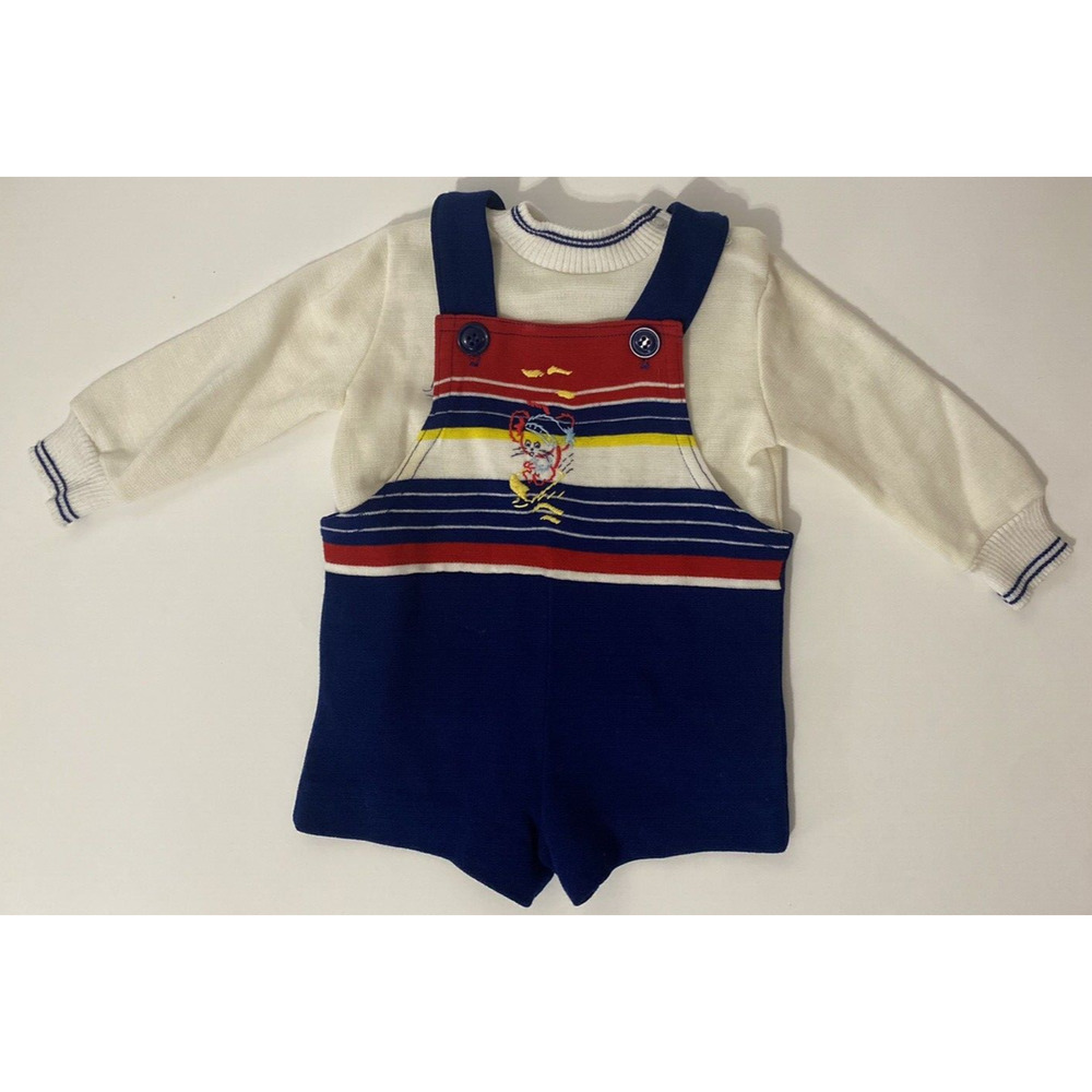 Vintage 70's 24M Bull Frog Knits Blue Short Overalls Shirt Mouse Colorful Disney